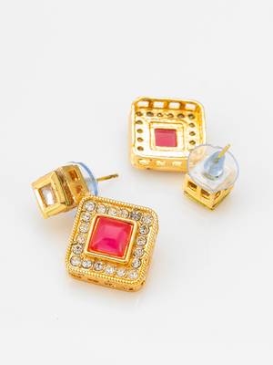 kundan mangalsutra set with pink stone square pendant and matching earrings 4
