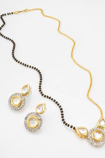 two-tone kundan mangalsutra set with polki and silver-tone crystal earrings