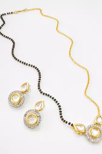 two-tone kundan mangalsutra set with polki and silver-tone crystal earrings