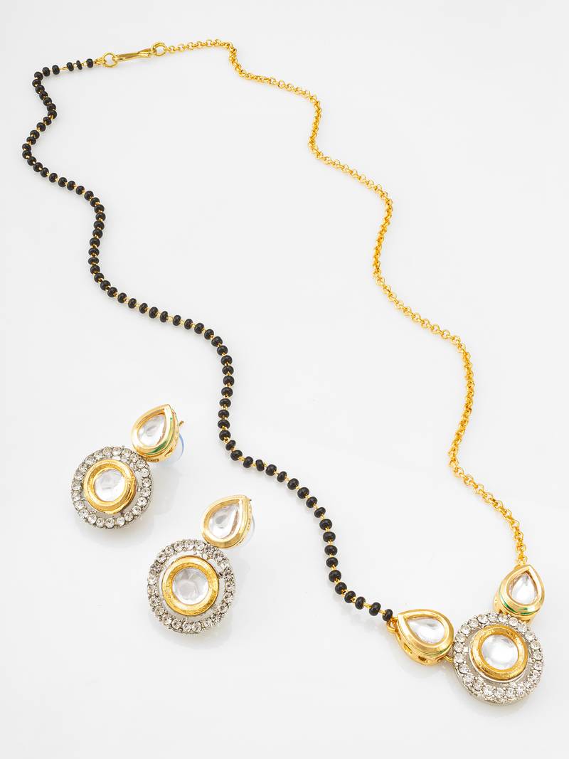 two-tone kundan mangalsutra set with polki and silver-tone crystal earrings