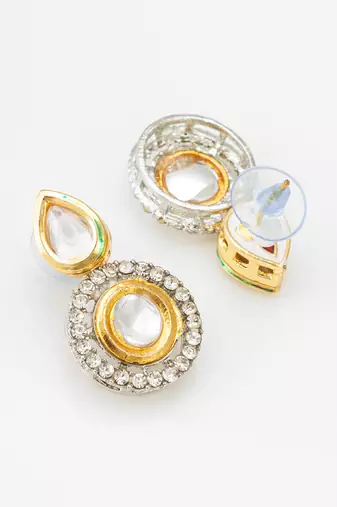 two-tone kundan mangalsutra set with polki and silver-tone crystal earrings