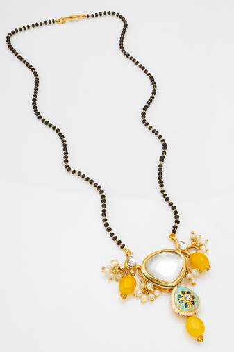 black bead kundan mangalsutra with clusters, pearl drops and meenakari