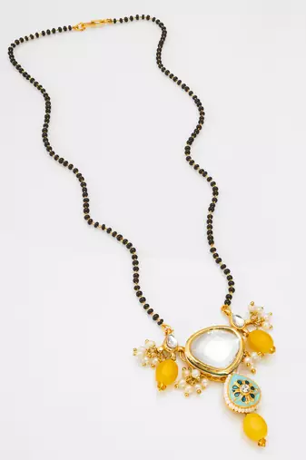 black bead kundan mangalsutra with clusters, pearl drops and meenakari