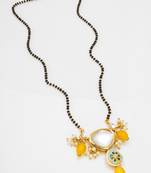 black bead kundan mangalsutra with clusters, pearl drops and meenakari