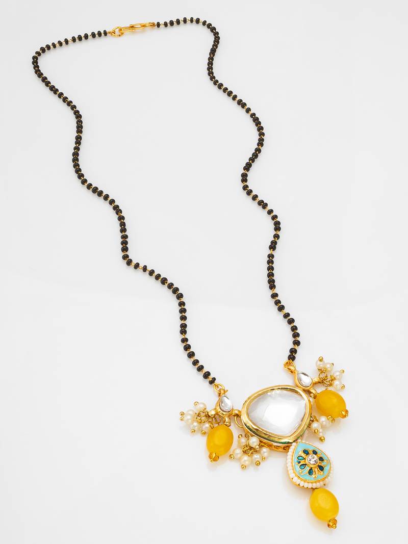 black bead kundan mangalsutra with clusters, pearl drops and meenakari