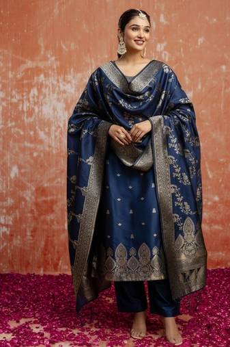 Teal cotton silk blend kurta set with jacquard silk dupatta for women