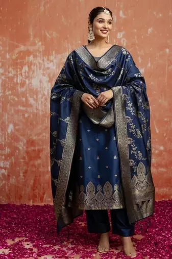 Teal cotton silk blend kurta set with jacquard silk dupatta for women