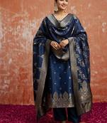 Teal cotton silk blend kurta set with jacquard silk dupatta for women