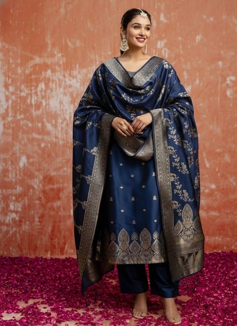 Teal cotton silk blend kurta set with jacquard silk dupatta for women
