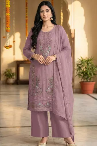 Pink color embroideried chinon semi stitched palazzo suit