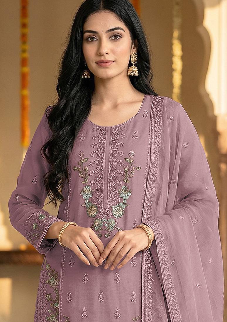 Pink color embroideried chinon semi stitched palazzo suit