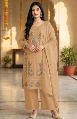 Peach embroidered chinon palazzo suit 1