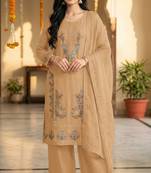 Peach color embroideried chinon semi stitched palazzo suit