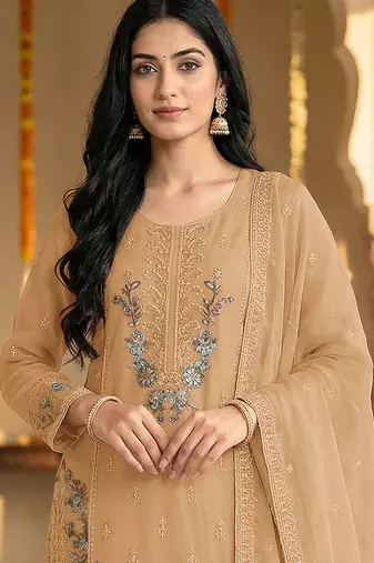 Peach embroidered chinon palazzo suit
