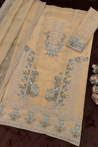 Peach embroidered chinon palazzo suit