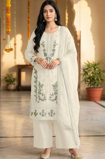 White color embroideried chinon semi stitched palazzo suit
