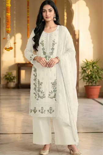 White color embroideried chinon semi stitched palazzo suit