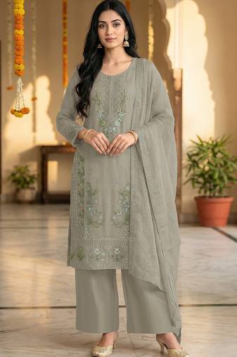 Dusty pista color embroideried chinon semi stitched palazzo suit