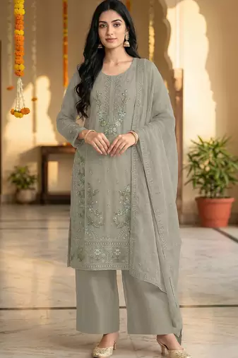 Dusty pista color embroideried chinon semi stitched palazzo suit
