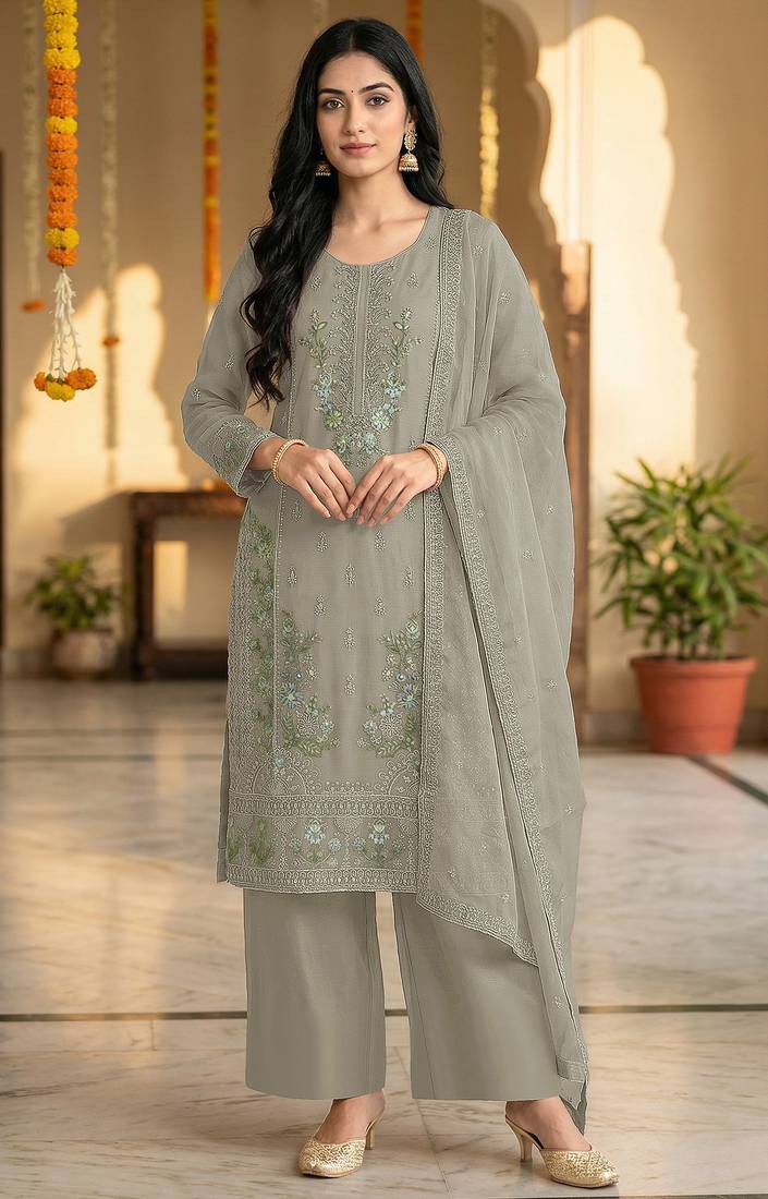 Dusty pista color embroideried chinon semi stitched palazzo suit