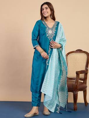 Women   s zora silk blend kurta pant set with chanderi striped dupatta | 1