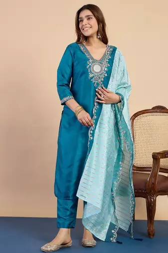 Women’s zora silk kurta pant set with chanderi striped dupatta |