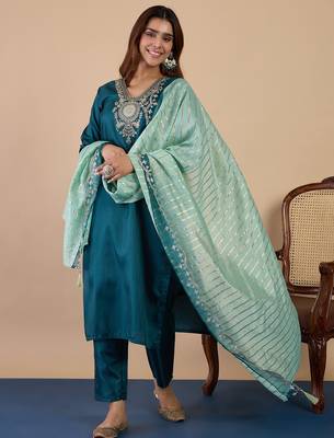 Women   s zora silk blend kurta pant set with chanderi striped dupatta | 2