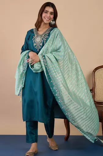 Women   s zora silk blend kurta pant set with chanderi striped dupatta |