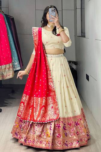 red silk blend zari weaving lehenga choli