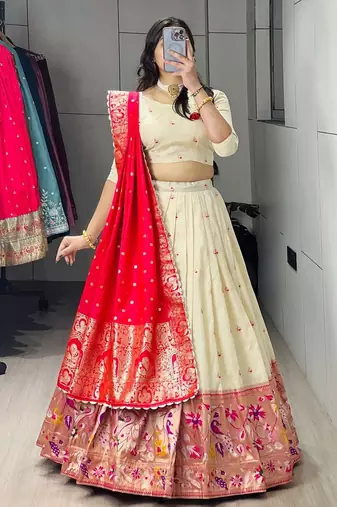 red silk blend zari weaving lehenga choli