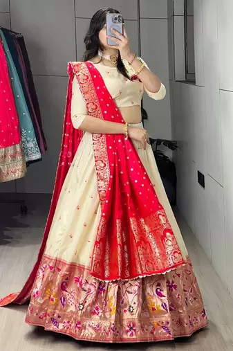 red silk blend zari weaving lehenga choli