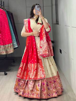 red silk blend zari weaving lehenga choli 3