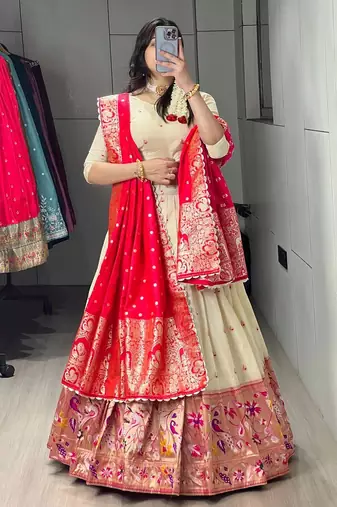 red silk blend zari weaving lehenga choli