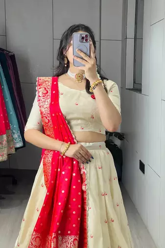 red silk blend zari weaving lehenga choli