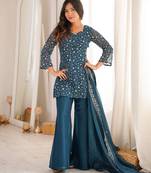 teal blue silk blend embroidered salwar suit