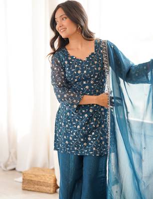 teal blue silk blend embroidered salwar suit 4