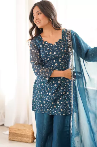 teal blue silk blend embroidered salwar suit