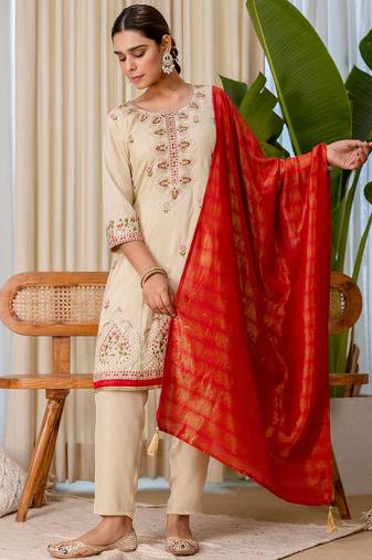 Floral embroidered silk blend round neck kurta trouser & dupatta set