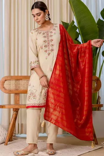 Floral embroidered silk blend round neck kurta trouser & dupatta set