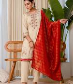 Floral embroidered silk blend round neck kurta trouser & dupatta set