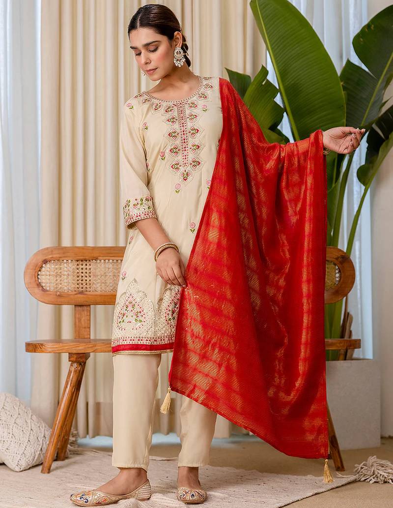 Floral embroidered silk blend round neck kurta trouser & dupatta set