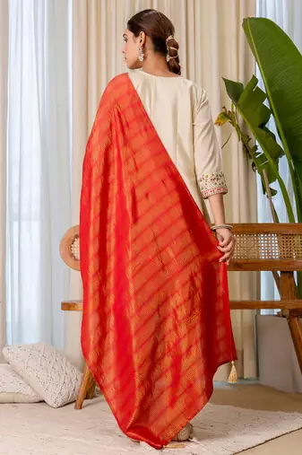 Floral embroidered silk blend blend round neck kurta trouser & dupatta set