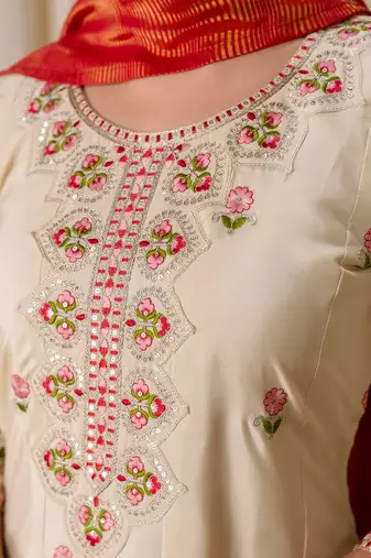 Floral embroidered silk blend blend round neck kurta trouser & dupatta set