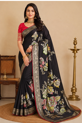 black meenakari figure flower georgette saree 1