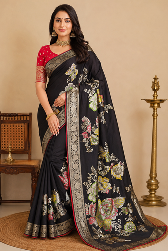 black meenakari figure flower georgette saree