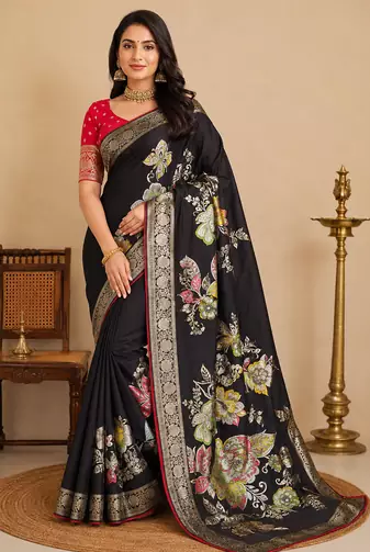black meenakari figure flower georgette saree