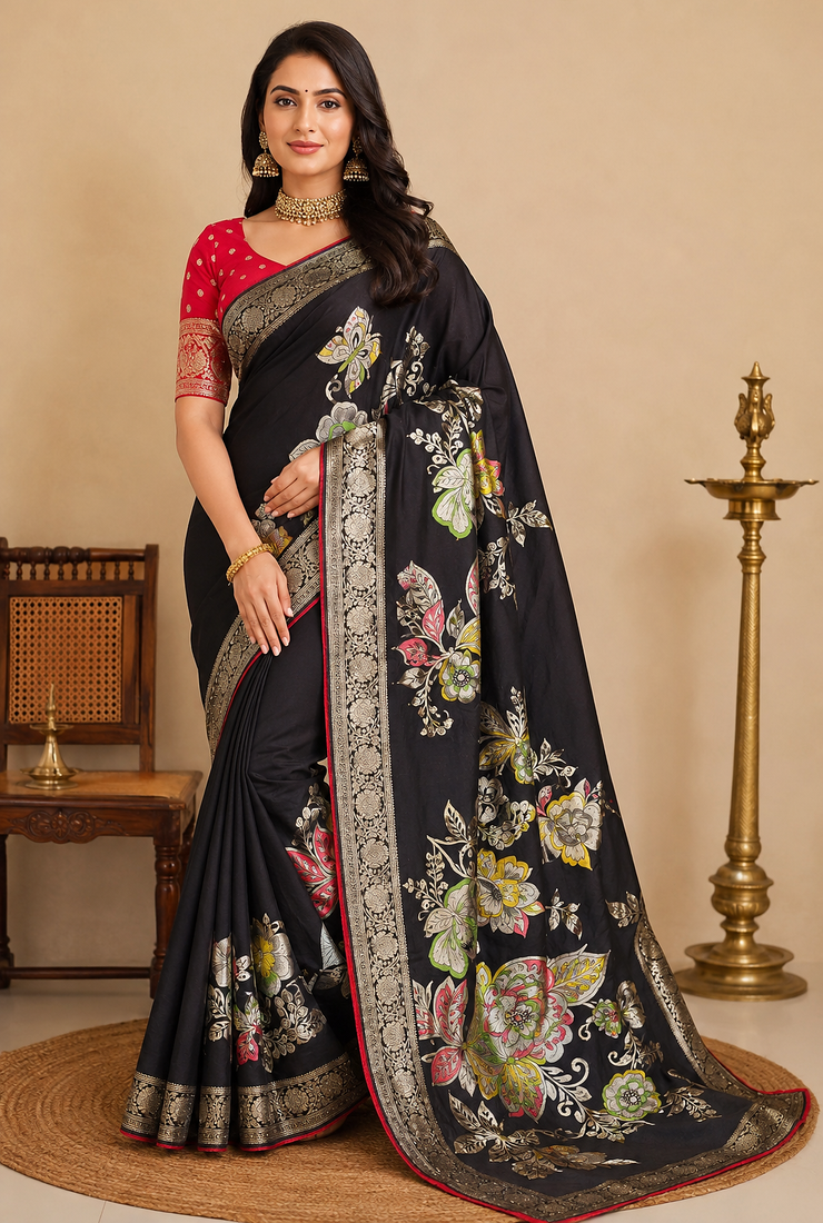 black meenakari figure flower georgette saree