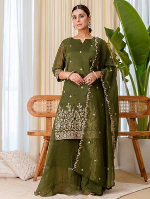 Women   s crush tissue silk blend blend kurta pant set with floral zari embroidery 1