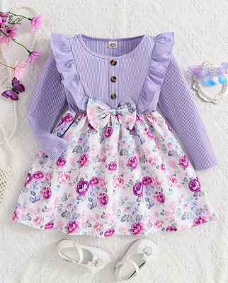 Girls purple floral bow dress 1