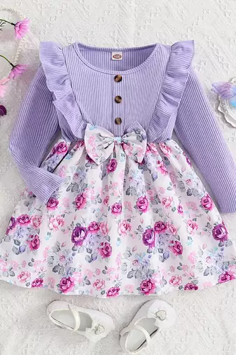 Girls purple floral bow dress